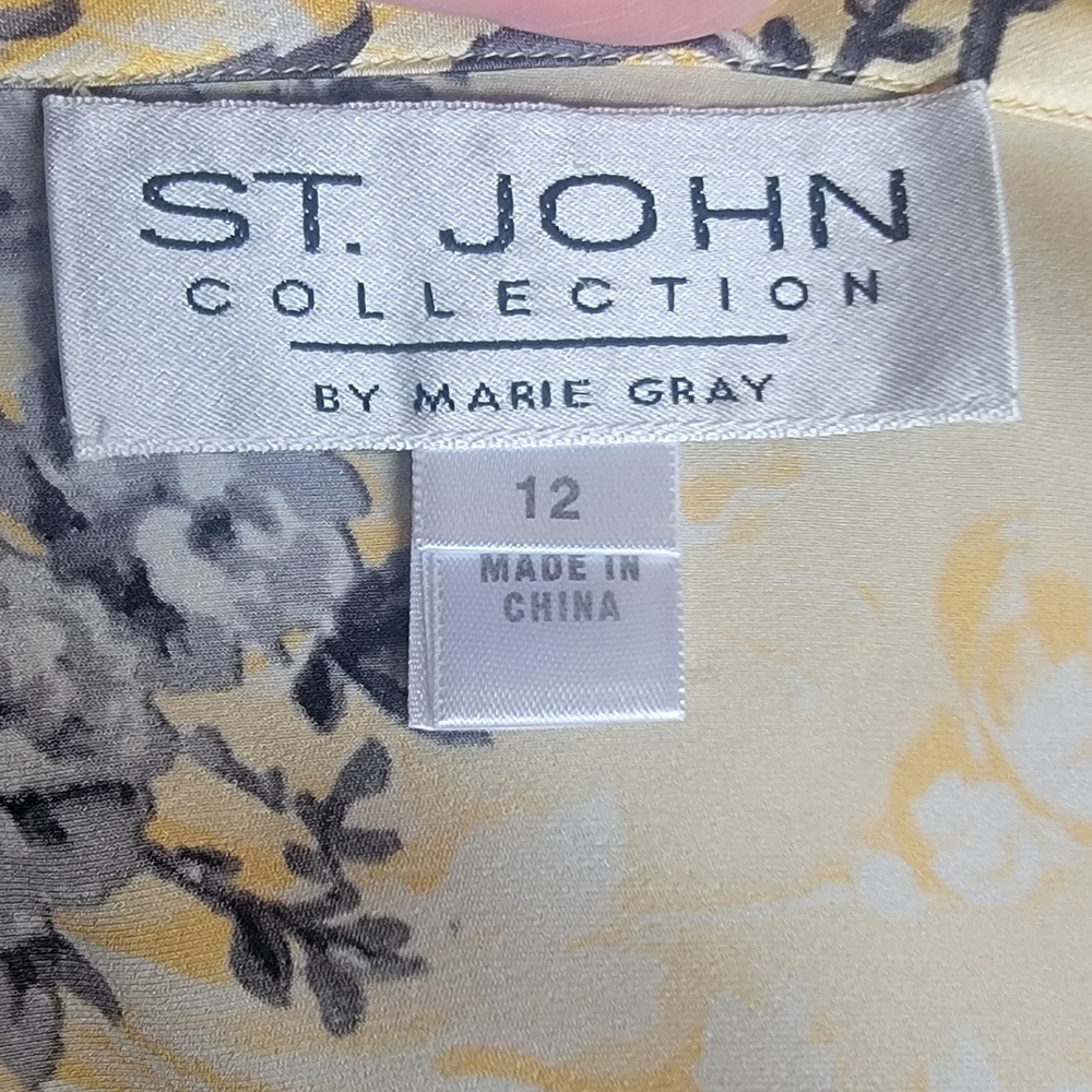 ST. JOHN SILK Yellow Black Floral Tie-Front Pullover Blouse Top Sz 12 - Picture 5 of 7